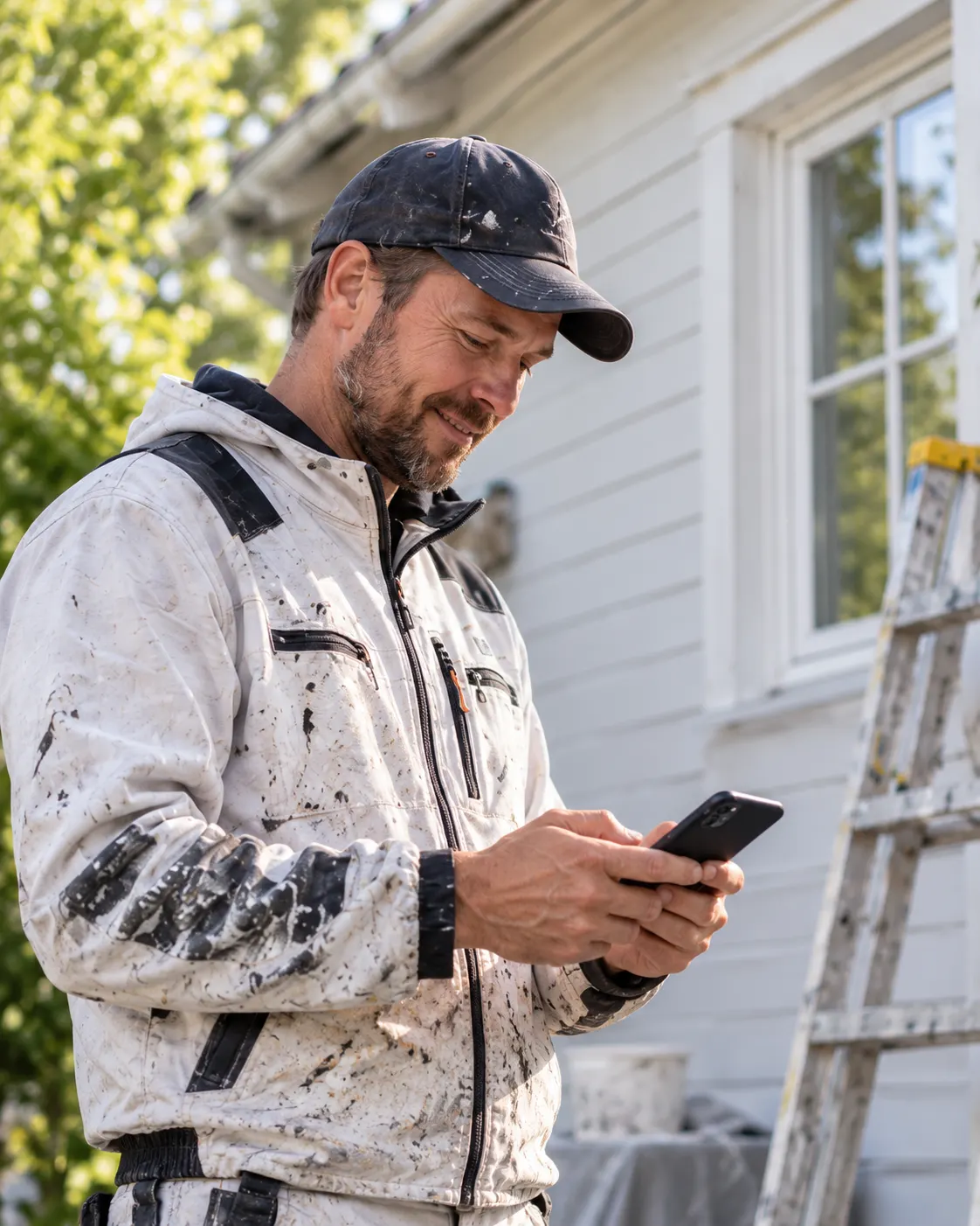 Målare i arbetskläder tittar på sin mobil utanför ett hus