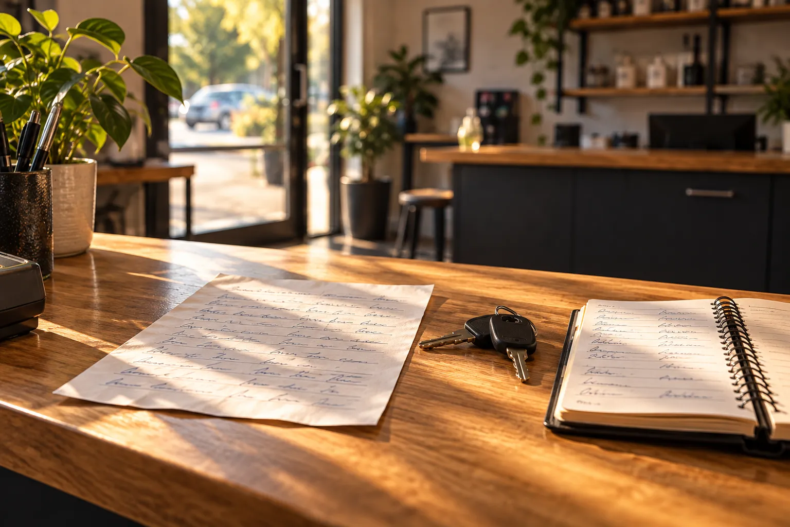 Träbänk i en reception med en handskriven offert, bilnycklar och en almanacka